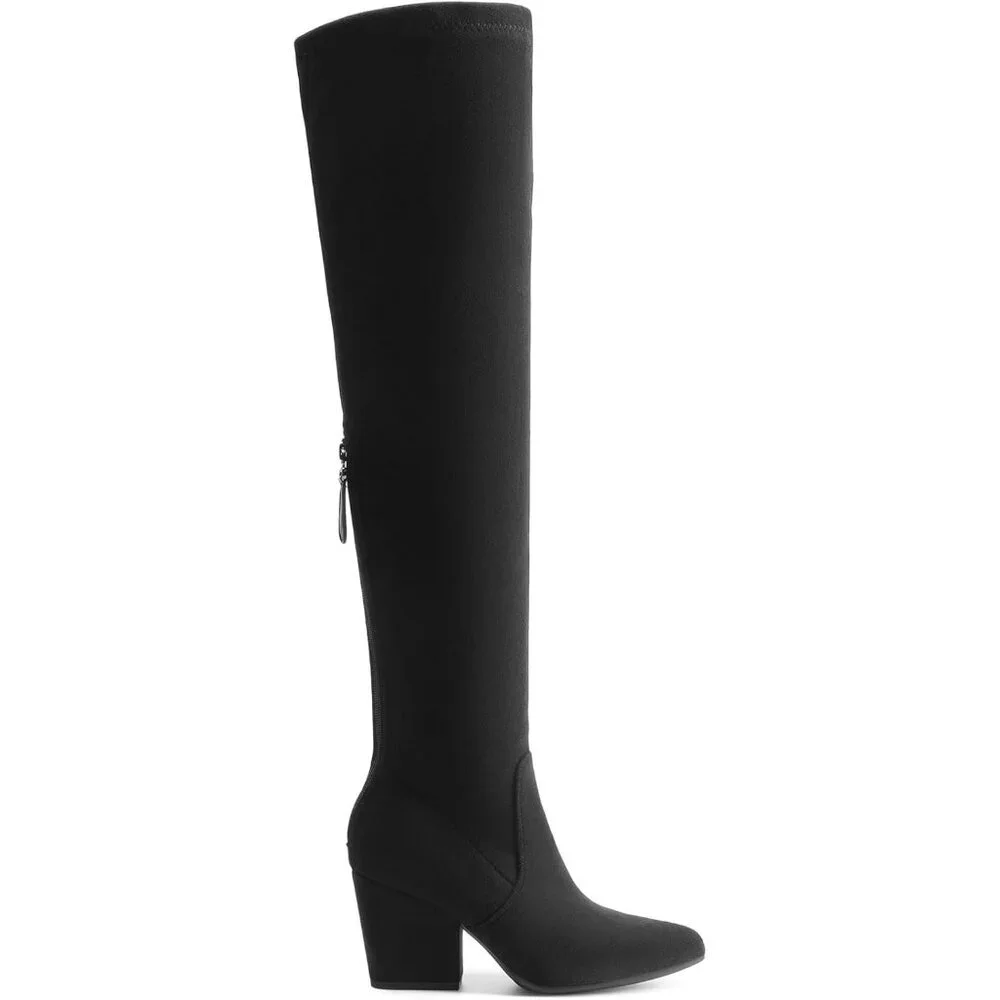 Women's Black-Suede Thigh High Knee Chunky Pointed Toe Long Block Heel Boot